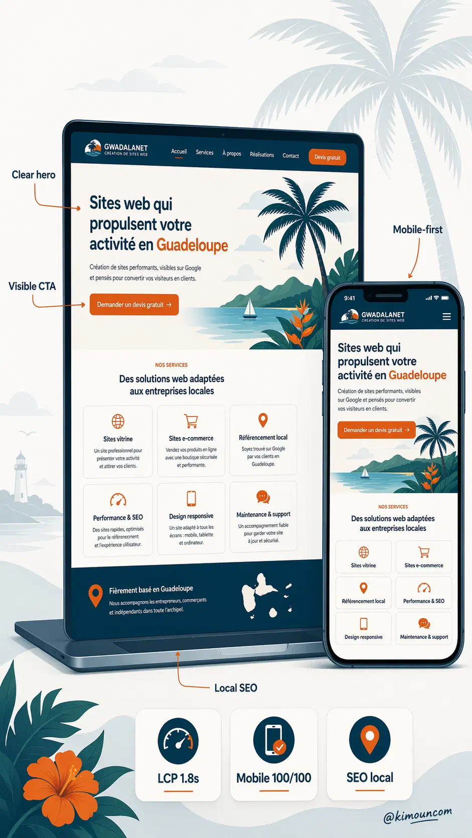 Création de site web en Guadeloupe par Kimoun — laptop et smartphone affichant un site responsive avec hero clair, CTA visible, mobile-first, SEO local intégré et performances validées (LCP 1,8 s, mobile 100/100)